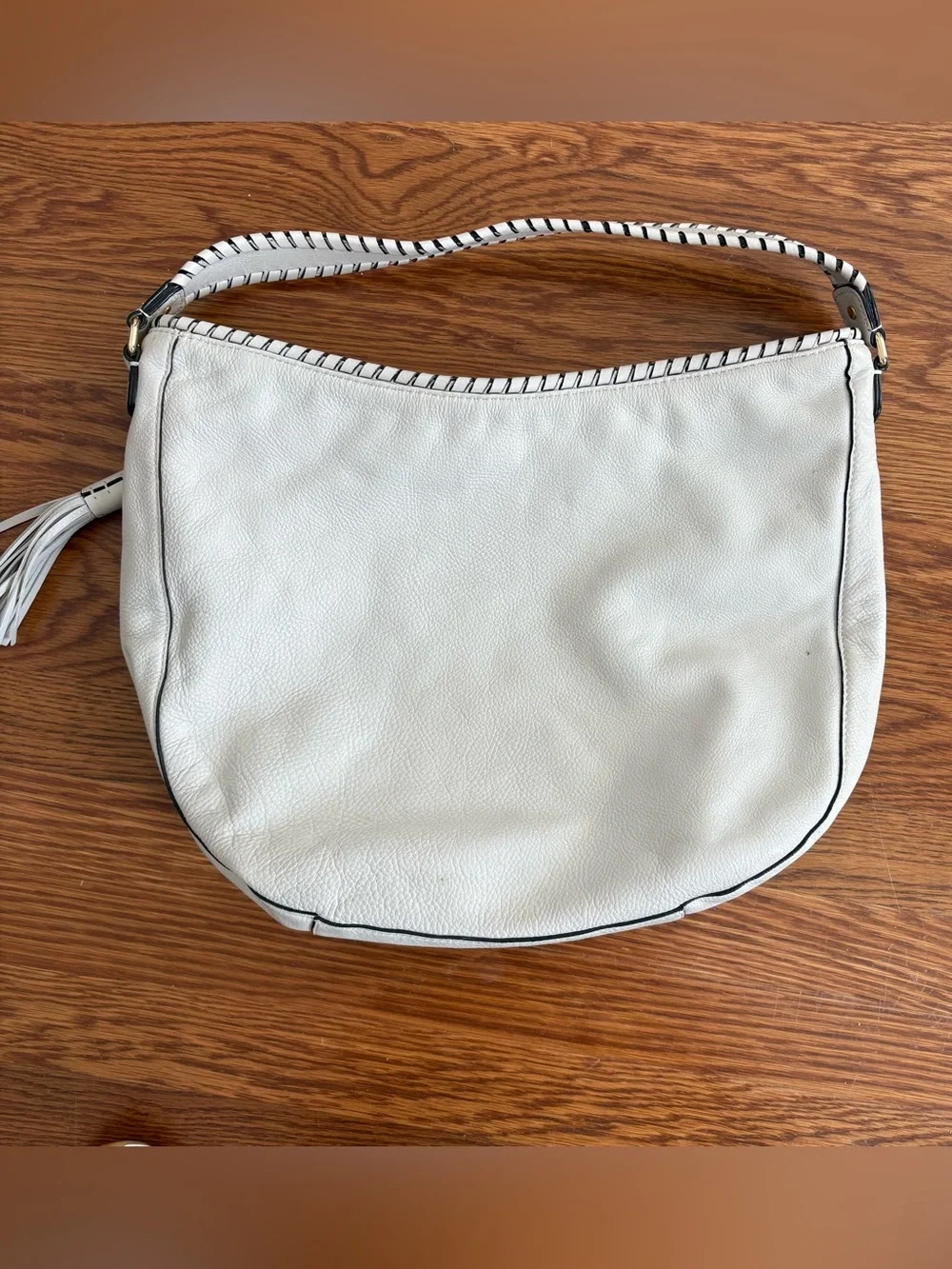 Michael Kors quiet luxury Cream Pebbled Leather Tassel Hobo Bag purse gold trim